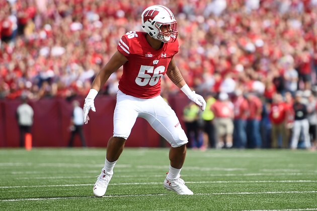 MADISON, WI - SEPTEMBER 08:  Zack Baun #56 of the Wisconsin Badgers reacts to a play during a game against the New Mexico Lobos at Camp Randall Stadium on September 8, 2018 in Madison, Wisconsin.  Wisconsin defeated New Mexico 45-14.  (Photo by Stacy Revere/Getty Images)