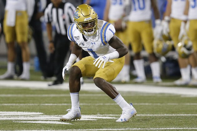 UCLA defensive back Darnay Holmes (1) during an NCAA college football game against Arizona, Saturday, Sept. 28, 2019, in Tucson, Ariz. (AP Photo/Rick Scuteri)