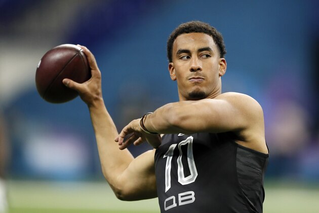 FILE - In this Thursday, Feb. 27, 2020, file photo, Utah State quarterback Jordan Love works out at the NFL football scouting combine in Indianapolis. For the first time in two decades the New England Patriots are preparing for the NFL draft without a clear picture of who their starting quarterback will be in 2020. (AP Photo/Charlie Neibergall, File) FILE - In this Thursday, Feb. 27, 2020, file photo, Utah State quarterback Jordan Love works out at the NFL football scouting combine in Indianapolis. For the first time in two decades the New England Patriots are preparing for the NFL draft without a clear picture of who their starting quarterback will be in 2020. (AP Photo/Charlie Neibergall, File)