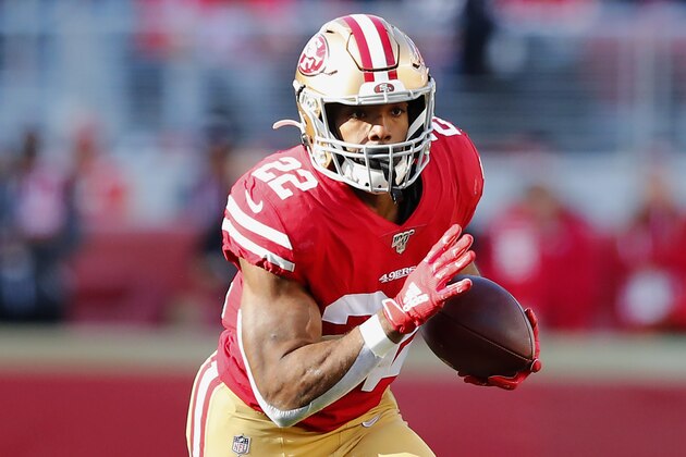 San Francisco 49ers running back Matt Breida (22) runs against the Atlanta Falcons during the first half of an NFL football game in Santa Clara, Calif., Sunday, Dec. 15, 2019. (AP Photo/John Hefti)