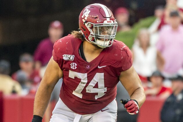 FILE - In this Sept. 28, 2019, file photo, Alabama offensive lineman Jedrick Wills Jr. (74) plays against Mississippi during the second half of an NCAA college football game, in Tuscaloosa, Ala. Wills was selected to The Associated Press All-Southeastern Conference football team, Monday, Dec. 9, 2019.(AP Photo/Vasha Hunt, File)