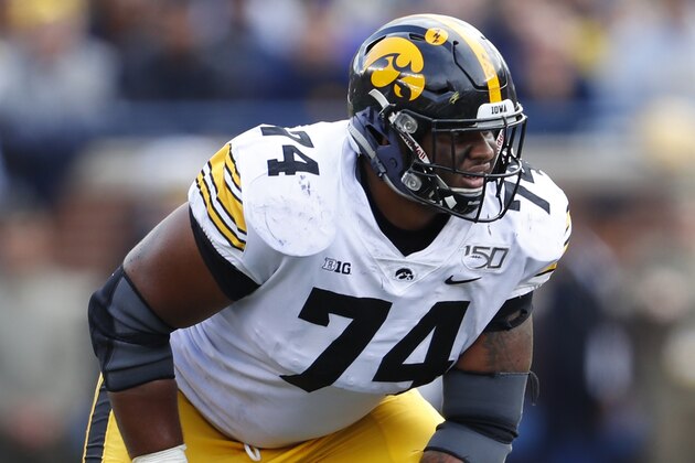 Iowa offensive lineman Tristan Wirfs (74) plays against Michigan during the second half of an NCAA college football game in Ann Arbor, Mich., Saturday, Oct. 5, 2019. (AP Photo/Paul Sancya)