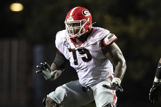 Georgia Bulldogs offensive lineman Isaiah Wilson (79) moves in position against the Vanderbilt Commodores during an NCAA football game on Saturday, Aug. 31, 2019 in Nashville, Tenn. (AP Photo/Brett Carlsen)