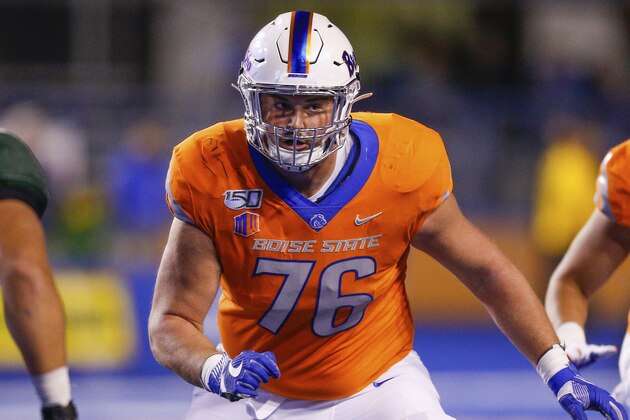 Boise State offensive lineman Ezra Cleveland (76) during the first half of an NCAA college football game against Hawaii, Saturday, Oct. 12, 2019, in Boise, Idaho. Boise State won 59-37. (AP Photo/Steve Conner)