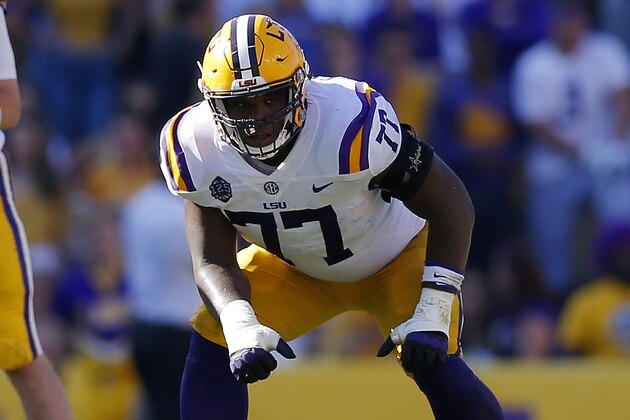 BATON ROUGE, LA - OCTOBER 13: Saahdiq Charles #77 of the LSU Tigers guards during a game against the Georgia Bulldogs at Tiger Stadium on October 13, 2018 in Baton Rouge, Louisiana. (Photo by Jonathan Bachman/Getty Images) BATON ROUGE, LA - OCTOBER 13: Saahdiq Charles #77 of the LSU Tigers guards during a game against the Georgia Bulldogs at Tiger Stadium on October 13, 2018 in Baton Rouge, Louisiana. (Photo by Jonathan Bachman/Getty Images)