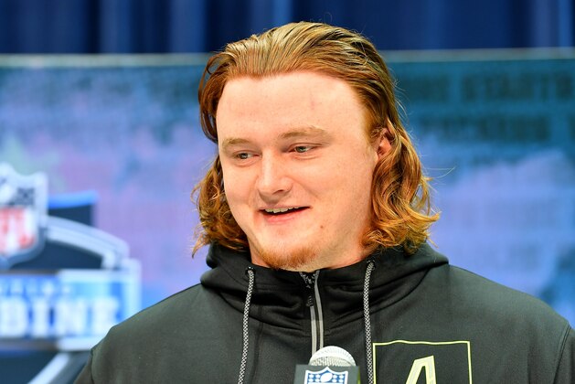 INDIANAPOLIS, INDIANA - FEBRUARY 26: Ben Bartch #OL04 of St John's-MN interviews during the second day of the 2020 NFL Scouting Combine at Lucas Oil Stadium on February 26, 2020 in Indianapolis, Indiana. (Photo by Alika Jenner/Getty Images)