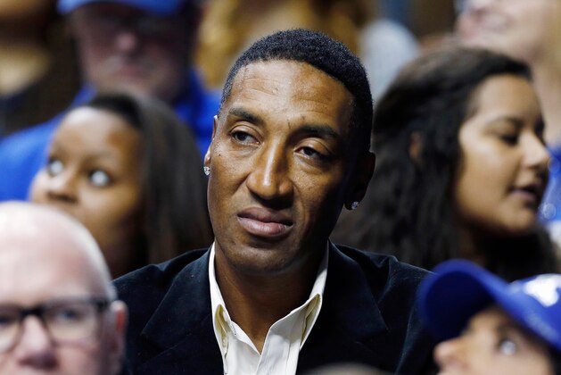 FILE - In this March 13, 2015, file photo, former NBA player Scottie Pippen watches an NCAA college basketball game in Nashville, Tenn. Authorities in rural Arkansas are investigating the theft of more than $50,000 worth of equipment from a farm in Hamburg, Ark., owned by Pippen. (AP Photo/Steve Helber, File)