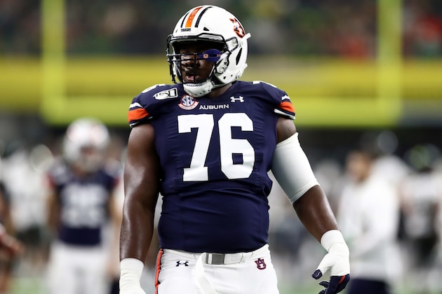 ARLINGTON, TEXAS - AUGUST 31:   Prince Tega Wanogho #76 of the Auburn Tigers during the Advocare Classic at AT&T Stadium on August 31, 2019 in Arlington, Texas. (Photo by Ronald Martinez/Getty Images)