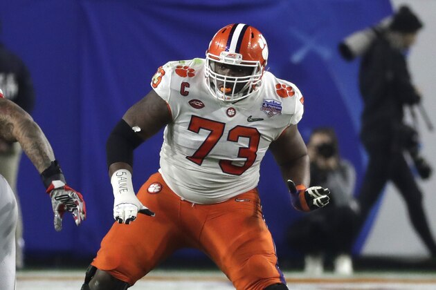 Clemson offensive tackle Tremayne Anchrum (73) during the first half of the Fiesta Bowl NCAA college football game against Ohio State, Saturday, Dec. 28, 2019, in Glendale, Ariz. (AP Photo/Rick Scuteri).