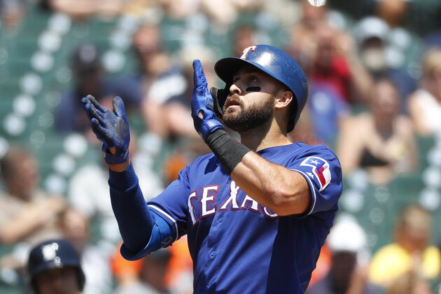 Texas Rangers' Joey Gallo celebrates his solo home run in the fourth inning of a baseball game against the Detroit Tigers in Detroit, Thursday, June 27, 2019. (AP Photo/Paul Sancya)