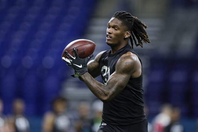 Oklahoma wide receiver Ceedee Lamb runs a drill at the NFL football scouting combine in Indianapolis, Thursday, Feb. 27, 2020. (AP Photo/Michael Conroy)