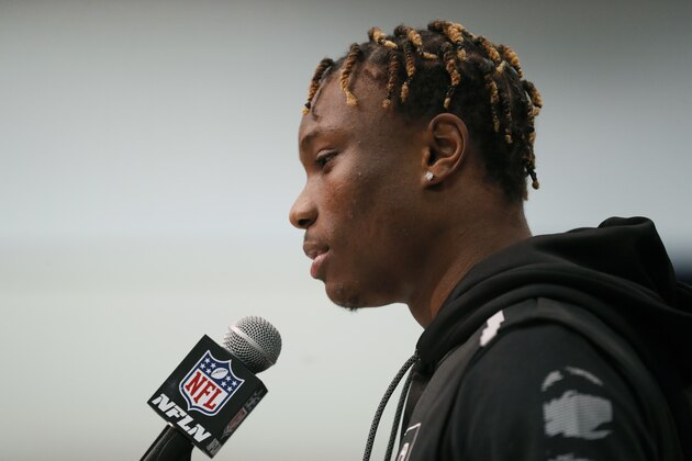 Alabama wide receiver Henry Ruggs III speaks during a press conference at the NFL football scouting combine in Indianapolis, Tuesday, Feb. 25, 2020. (AP Photo/Charlie Neibergall)