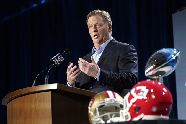 NFL Commissioner Roger Goodell answers a question during a news conference for the NFL Super Bowl 54 football game Wednesday, Jan. 29, 2020, in Miami. (AP Photo/David J. Phillip)
