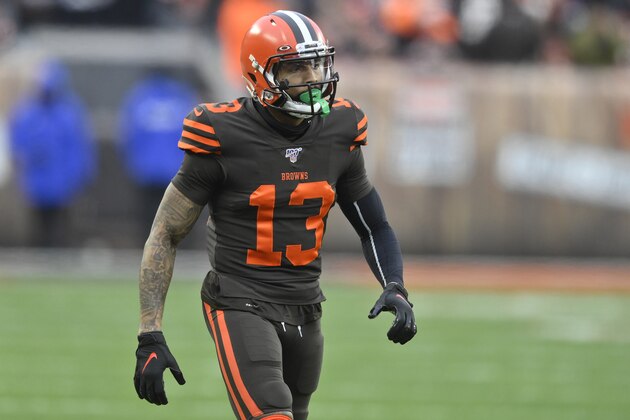 Cleveland Browns wide receiver Odell Beckham Jr. walks on the field during an NFL football game against the Cincinnati Bengals, Sunday, Dec. 8, 2019, in Cleveland. The Browns won 27-19. (AP Photo/David Richard)