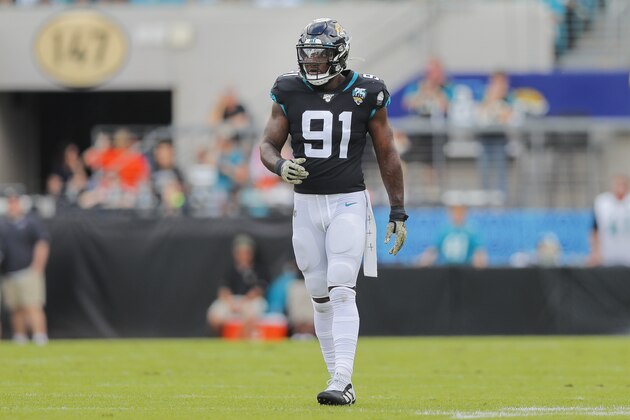 JACKSONVILLE, FLORIDA - DECEMBER 01: Yannick Ngakoue #91 of the Jacksonville Jaguars looks on during the second quarter of a game against the Tampa Bay Buccaneers at TIAA Bank Field on December 01, 2019 in Jacksonville, Florida. (Photo by James Gilbert/Getty Images)