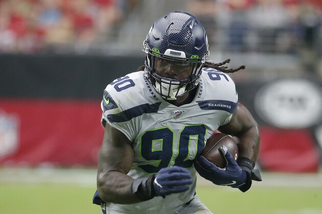 Seattle Seahawks outside linebacker Jadeveon Clowney (90) during an NFL football game against the Arizona Cardinals, Sunday, Sept. 29, 2019, in Glendale, Ariz. (AP Photo/Rick Scuteri)