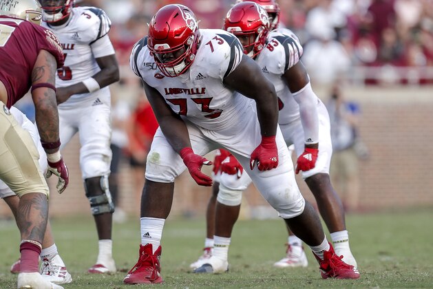 TALLAHASSEE, FL - SEPTEMBER 21: Tackle Mekhi Becton #73 of the Louisville Cardinals during the game against the Florida State Seminoles at Doak Campbell Stadium on Bobby Bowden Field on September 21, 2019 in Tallahassee, Florida. The Seminoles defeated the Cardinals 35 to 24. (Photo by Don Juan Moore/Getty Images)