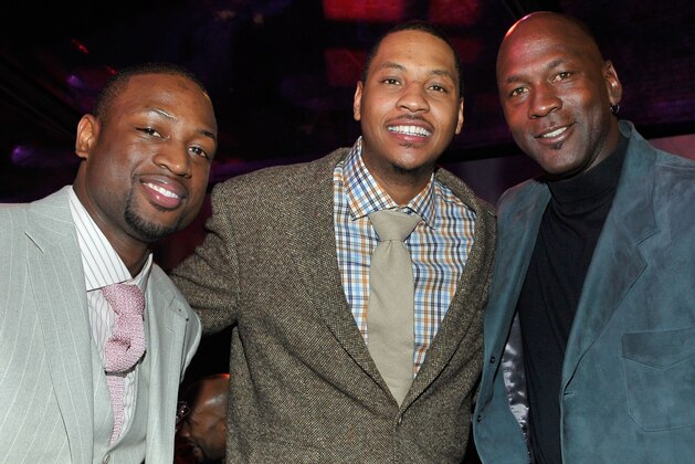DALLAS - FEBRUARY 12:  (L-R) NBA players Dwyane Wade, Carmelo Anthony, and Michael Jordan attend the Exclusive FABULOUS 23 Dinner hosted by Jordan Brand during All-Star Weekend on February 12, 2010 in Dallas, Texas.  (Photo by Charley Gallay/Getty Images for Jordan Brand)
