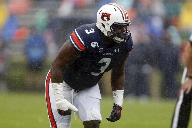 Auburn defensive end Marlon Davidson (3) lines up for a play against Samford during the first half of an NCAA college football game, Saturday, Nov. 23, 2019, in Auburn, Ala. (AP Photo/Butch Dill)