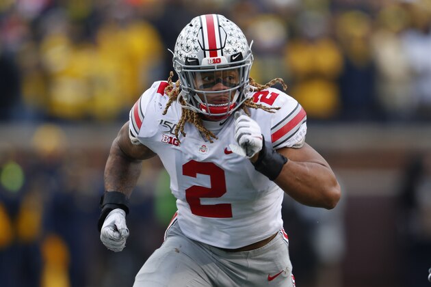 FILE - In this Nov. 30, 2019, file photo, Ohio State defensive end Chase Young watches a play develop during the second half of the team' NCAA college football game against Michigan in Ann Arbor, Mich. Chase led the nation in sacks with 16 1-2 and forced fumbles with six last season, finishing fourth in the Heisman Trophy voting. (AP Photo/Paul Sancya, File) FILE - In this Nov. 30, 2019, file photo, Ohio State defensive end Chase Young watches a play develop during the second half of the team' NCAA college football game against Michigan in Ann Arbor, Mich. Chase led the nation in sacks with 16 1-2 and forced fumbles with six last season, finishing fourth in the Heisman Trophy voting. (AP Photo/Paul Sancya, File)