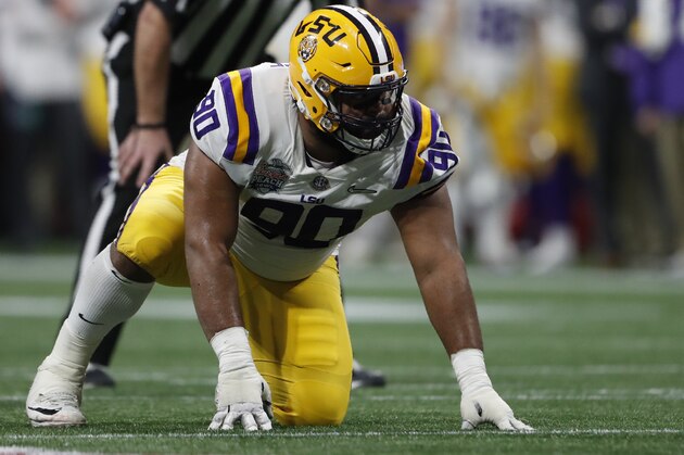 LSU defensive lineman Rashard Lawrence (90) works against Oklahoma during the second half of the Peach Bowl NCAA semifinal college football playoff game, Saturday, Dec. 28, 2019, in Atlanta. (AP Photo/John Bazemore)