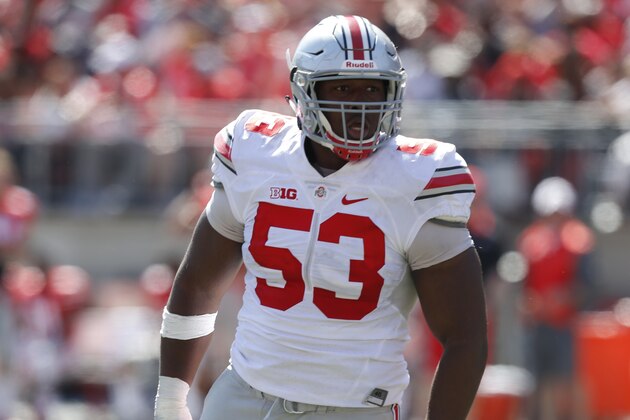 Ohio State defensive lineman Davon Hamilton plays in Ohio State's NCAA college football spring game Saturday, April 16, 2016, in Columbus, Ohio. (AP Photo/Jay LaPrete)