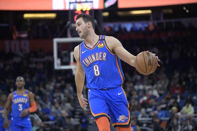 Oklahoma City Thunder forward Danilo Gallinari (8) brings the ball up the court during the first half of an NBA basketball game against the Orlando Magic Wednesday, Jan. 22, 2020, in Orlando, Fla. (AP Photo/Phelan M. Ebenhack)