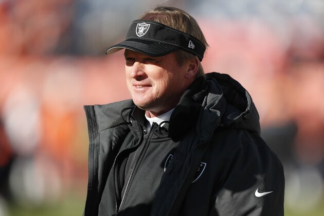 Oakland Raiders head coach Jon Gruden looks on as the team warms up before an NFL football game against the Denver Broncos, Sunday, Dec. 29, 2019, in Denver. (AP Photo/David Zalubowski)
