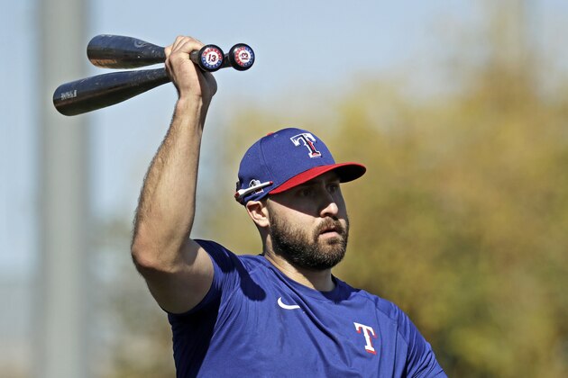 Texas Rangers' Joey Gallo warms up to bat during spring training baseball practice Friday, Feb. 14, 2020, in Surprise, Ariz. (AP Photo/Charlie Riedel) Texas Rangers' Joey Gallo warms up to bat during spring training baseball practice Friday, Feb. 14, 2020, in Surprise, Ariz. (AP Photo/Charlie Riedel)