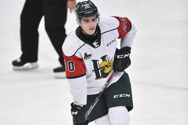 BOISBRIAND, QC - NOVEMBER 13:  Justin Barron #20 of the Halifax Mooseheads skates against the Blainville-Boisbriand Armada during the third period at Centre d'Excellence Sports Rousseau on November 13, 2019 in Boisbriand, Canada.  The Halifax Mooseheads defeated the Blainville-Boisbriand Armada 4-1.  (Photo by Minas Panagiotakis/Getty Images)