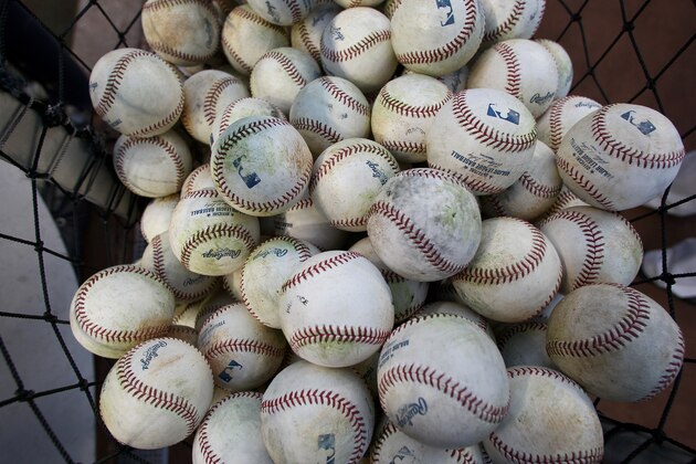 NEW YORK, NY - OCTOBER 13:  A detail of official major league baseballs are seen in a bucket during batting practice between the New York Yankees and the Detroit Tigers during Game One of the American League Championship Series at Yankee Stadium on October 13, 2012 in the Bronx borough of New York City, New York.  (Photo by Alex Trautwig/Getty Images)