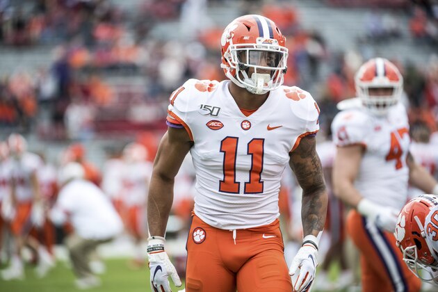Clemson linebacker Isaiah Simmons warms up before an NCAA college football game against South Carolina Saturday, Nov. 30, 2019, in Columbia, S.C. Clemson defeated South Carolina 38-3. (AP Photo/Sean Rayford)