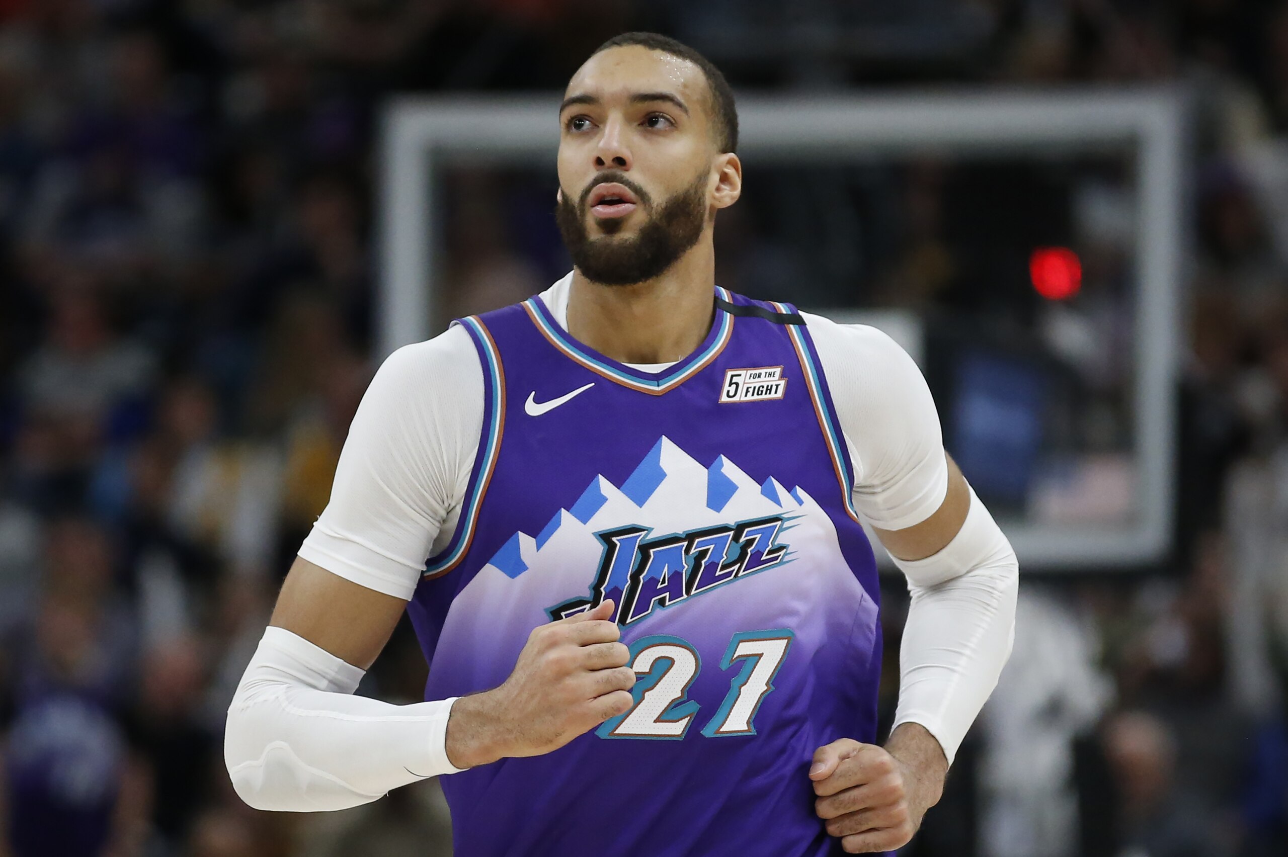 Utah Jazz center Rudy Gobert (27) runs up court in the second half during an NBA basketball game against the Houston Rockets Monday, Jan. 27, 2020, in Salt Lake City. (AP Photo/Rick Bowmer)