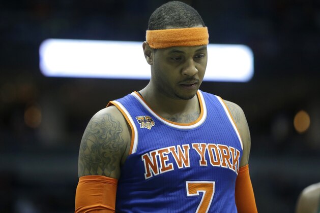 New York Knicks' Carmelo Anthony during the second half of an NBA basketball game against the Milwaukee Bucks Wednesday, March 8, 2017, in Milwaukee. (AP Photo/Aaron Gash)