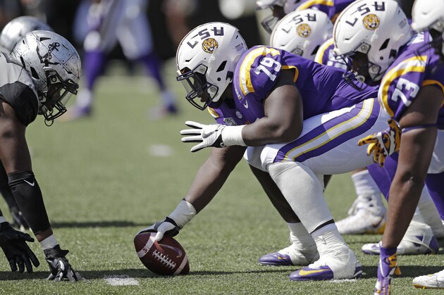 LSU center Lloyd Cushenberry III (79) lines up against Vanderbilt in the first half of an NCAA college football game Saturday, Sept. 21, 2019, in Nashville, Tenn. (AP Photo/Mark Humphrey)