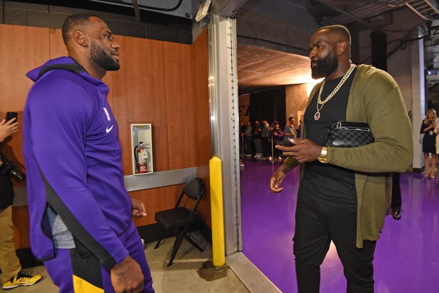 LOS ANGELES, CA - NOVEMBER 13: LeBron James #23 of the Los Angeles Lakers shares a conversation with Former NBA player, Kendrick Perkins before the game against the Golden State Warriors on November 13, 2019 at STAPLES Center in Los Angeles, California. NOTE TO USER: User expressly acknowledges and agrees that, by downloading and/or using this Photograph, user is consenting to the terms and conditions of the Getty Images License Agreement. Mandatory Copyright Notice: Copyright 2019 NBAE (Photo by Andrew D. Bernstein/NBAE via Getty Images)