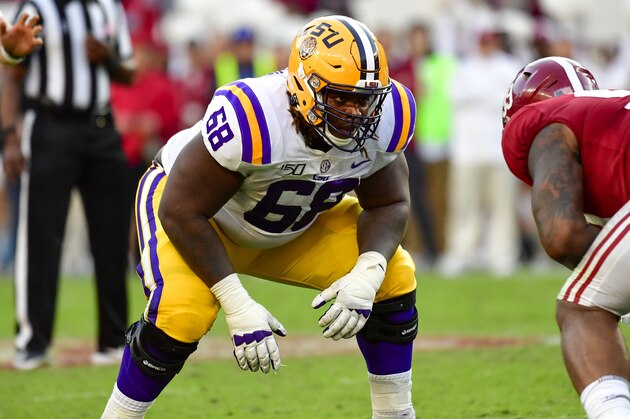 LSU offensive lineman Damien Lewis (68) gets set against Alabama in the first half of an NCAA football game Saturday, Nov. 9, 2019, in Tuscaloosa, Ala. (AP Photo/Vasha Hunt)