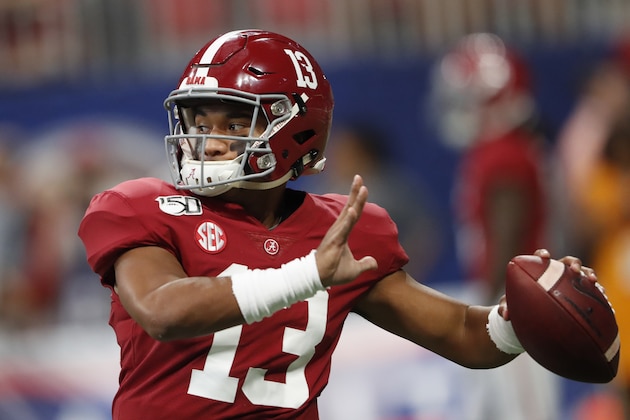 Alabama quarterback Tua Tagovailoa (13) warms up before playing Duke in an NCAA college football game Saturday, Aug. 31, 2019, in Atlanta. (AP Photo/John Bazemore)