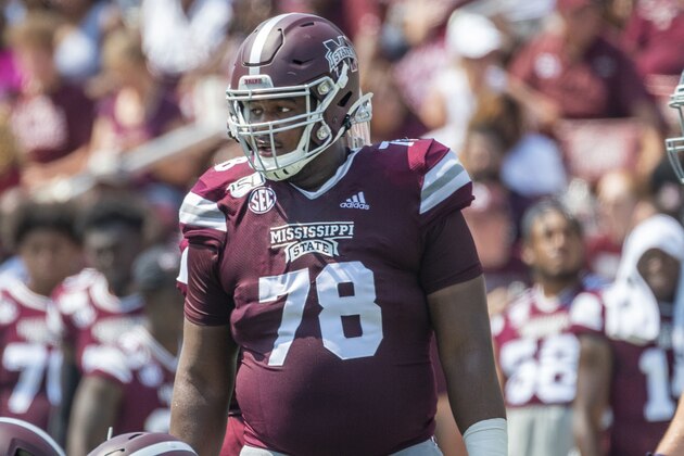 Mississippi State offensive lineman Tyre Phillips (78) steps up to the line against Kansas State during the first half of an NCAA football game on Saturday, Sept. 14, 2019 at Mississippi St. in Starkville, Miss. (AP Photo/Vasha Hunt)