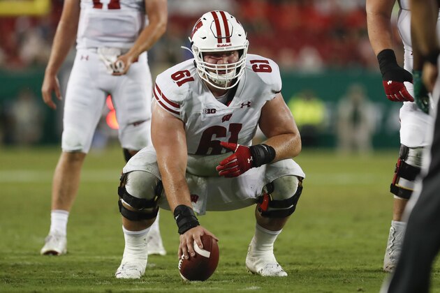 Wisconsin Badgers offensive lineman Tyler Biadasz (61) during an NCAA football game on Friday, Aug. 30, 2019 in Tampa, Fla. (AP Photo/Mark Lomoglio)