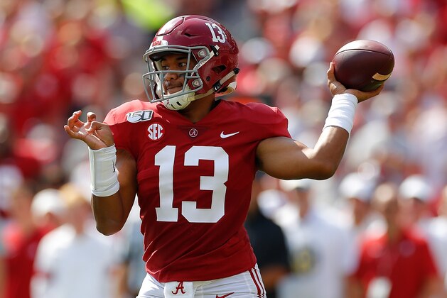 TUSCALOOSA, ALABAMA - SEPTEMBER 28:  Tua Tagovailoa #13 of the Alabama Crimson Tide looks to pass against the Mississippi Rebels at Bryant-Denny Stadium on September 28, 2019 in Tuscaloosa, Alabama. (Photo by Kevin C. Cox/Getty Images)