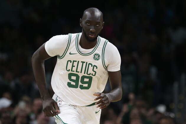 Boston Celtics' Tacko Fall plays against the Cleveland Cavaliers during an NBA preseason basketball game in Boston, Sunday, Oct. 13, 2019. (AP Photo/Michael Dwyer)