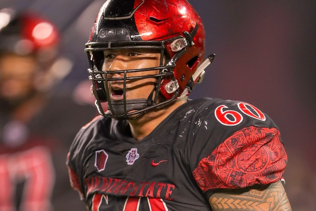 SAN DIEGO, CA - SEPTEMBER 08:  Keith Ismael#60 of the San Diego State Aztecs celebrates a big play during the second half agaisnt the Sacramento State Hornets at SDCCU Stadium on September 8, 2018 in San Diego, California.  (Photo by Kent Horner/Getty Images)