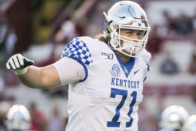 FILE - In this Sept. 28, 2019, file photo, Kentucky guard Logan Stenberg (71) warms-up before an NCAA college football game against South Carolina, in Columbia, S.C. Stenberg was selected to The Associated Press All-Southeastern Conference football team, Monday, Dec. 9, 2019.(AP Photo/Sean Rayford, File)