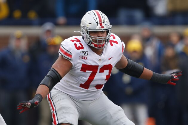 Ohio State offensive lineman Jonah Jackson (73) blocks against Michigan in the first half of an NCAA college football game in Ann Arbor, Mich., Saturday, Nov. 30, 2019. (AP Photo/Paul Sancya)