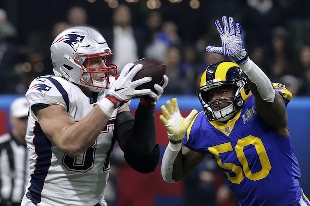 New England Patriots' Rob Gronkowski (87) catches a pass in front of Los Angeles Rams' Cory Littleton (58) during the second half of the NFL Super Bowl 53 football game Sunday, Feb. 3, 2019, in Atlanta.(AP Photo/Patrick Semansky) New England Patriots' Rob Gronkowski (87) catches a pass in front of Los Angeles Rams' Cory Littleton (58) during the second half of the NFL Super Bowl 53 football game Sunday, Feb. 3, 2019, in Atlanta.(AP Photo/Patrick Semansky)