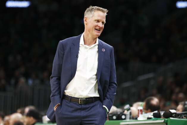 BOSTON, MASSACHUSETTS - JANUARY 30: Head coach Steve Kerr of the Golden State Warriors reacts during the first quarter of the game against the Boston Celtics at TD Garden on January 30, 2020 in Boston, Massachusetts. NOTE TO USER: User expressly acknowledges and agrees that, by downloading and or using this photograph, User is consenting to the terms and conditions of the Getty Images License Agreement. (Photo by Omar Rawlings/Getty Images)