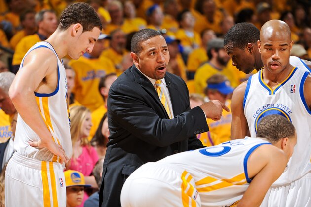 OAKLAND, CA - MAY 16: Head Coach Mark Jackson of the Golden State Warriors speaks with players Klay Thompson #11, Stephen Curry #30 and Jarrett Jack #2 while playing the San Antonio Spurs in Game Six of the Western Conference Semifinals during the 2013 NBA Playoffs on May 16, 2013 at Oracle Arena in Oakland, California. NOTE TO USER: User expressly acknowledges and agrees that, by downloading and or using this photograph, User is consenting to the terms and conditions of the Getty Images License Agreement. Mandatory Copyright Notice: Copyright 2013 NBAE (Photo by Andrew D. Bernstein/NBAE via Getty Images) OAKLAND, CA - MAY 16: Head Coach Mark Jackson of the Golden State Warriors speaks with players Klay Thompson #11, Stephen Curry #30 and Jarrett Jack #2 while playing the San Antonio Spurs in Game Six of the Western Conference Semifinals during the 2013 NBA Playoffs on May 16, 2013 at Oracle Arena in Oakland, California. NOTE TO USER: User expressly acknowledges and agrees that, by downloading and or using this photograph, User is consenting to the terms and conditions of the Getty Images License Agreement. Mandatory Copyright Notice: Copyright 2013 NBAE (Photo by Andrew D. Bernstein/NBAE via Getty Images)