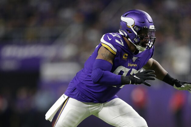 Minnesota Vikings defensive end Everson Griffen runs up field during the second half of an NFL football game against the Green Bay Packers, Monday, Dec. 23, 2019, in Minneapolis. (AP Photo/Andy Clayton-King)