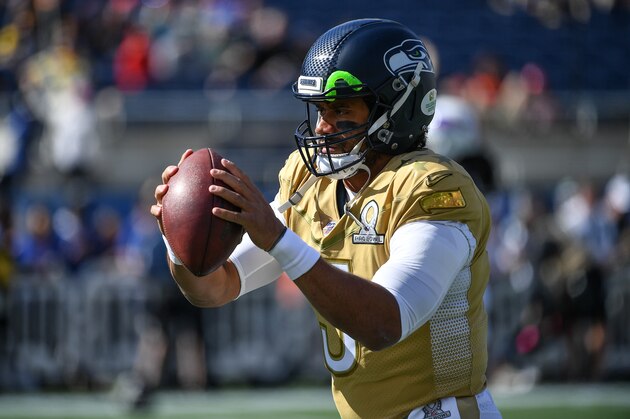 ORLANDO, FLORIDA - JANUARY 26: Russell Wilson #3 of the Seattle Seahawks warms up prior to the 2020 NFL Pro Bowl at Camping World Stadium on January 26, 2020 in Orlando, Florida. (Photo by Mark Brown/Getty Images)